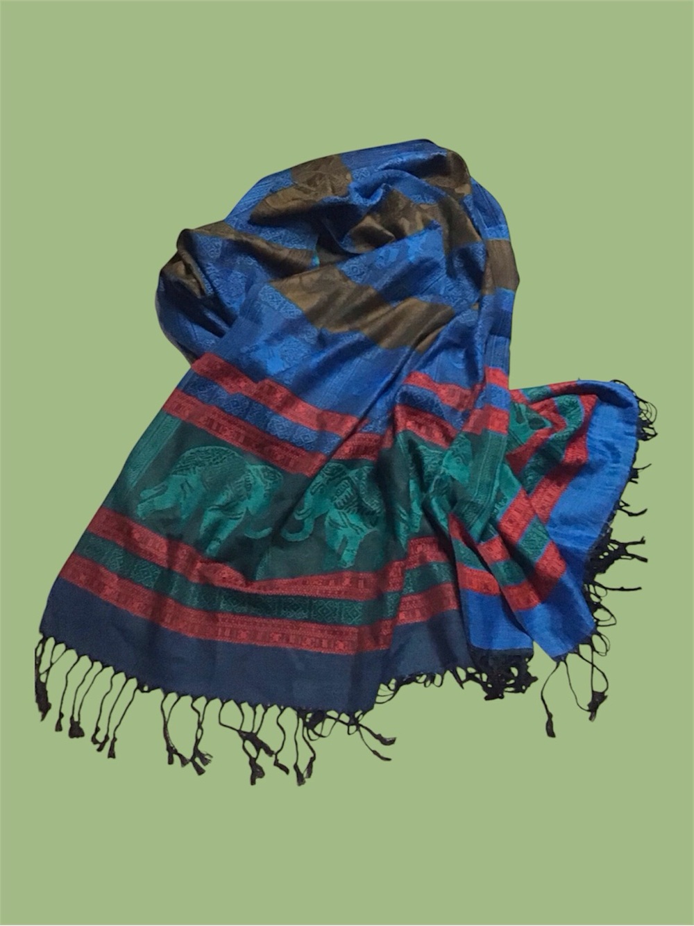 Blue red Green Elephant  print 100% cashmere vintage pashmina scarf by sam well
